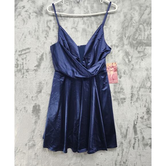 NEW Emerald Sundae Dress Womens L Blue Satin Wrap Mini Spaghetti Straps Party - Picture 1 of 15